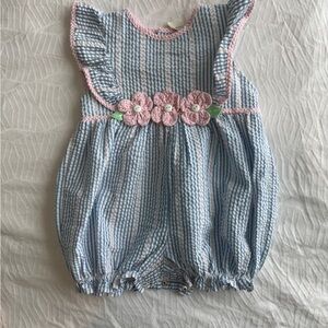 Vintage Blue Seersucker flower Flutter Romper